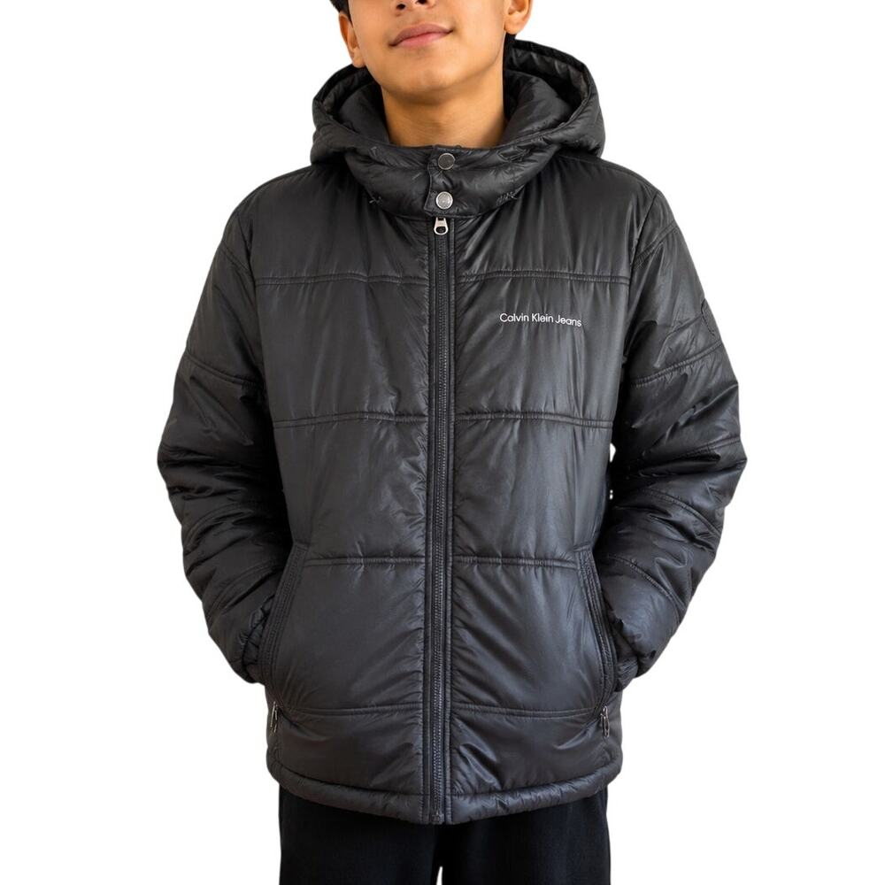 Calvin Klein Black Puffer Jacket Youth L 14-16 Detachable Hood Winter Coat